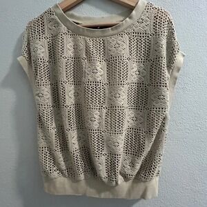 Daytrip Womens Beige Crochet Open Knit Short Sleeve Top Medium Geometric Boho